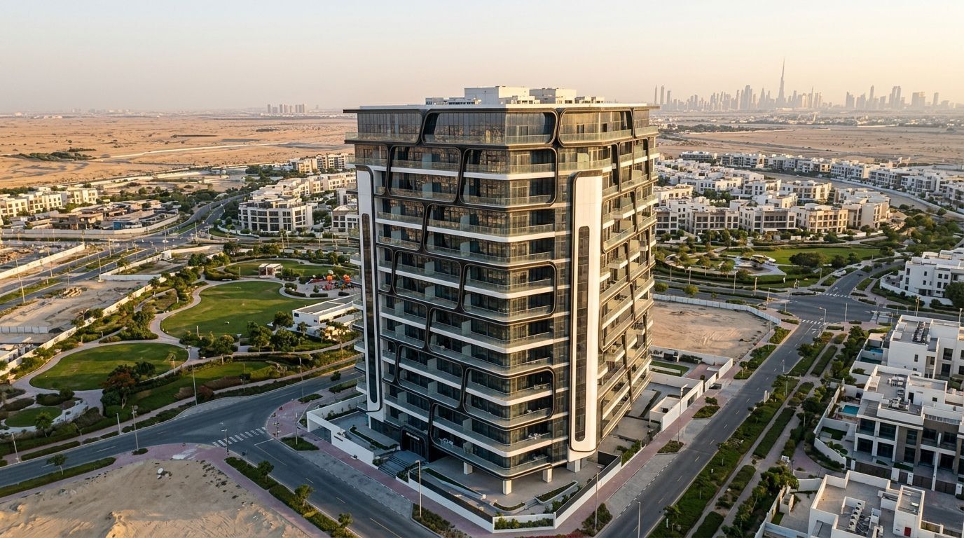 Lotniczy widok nowoczesnej wieży mieszkalnej Terra Tower w Dubailand o zachodzie słońca