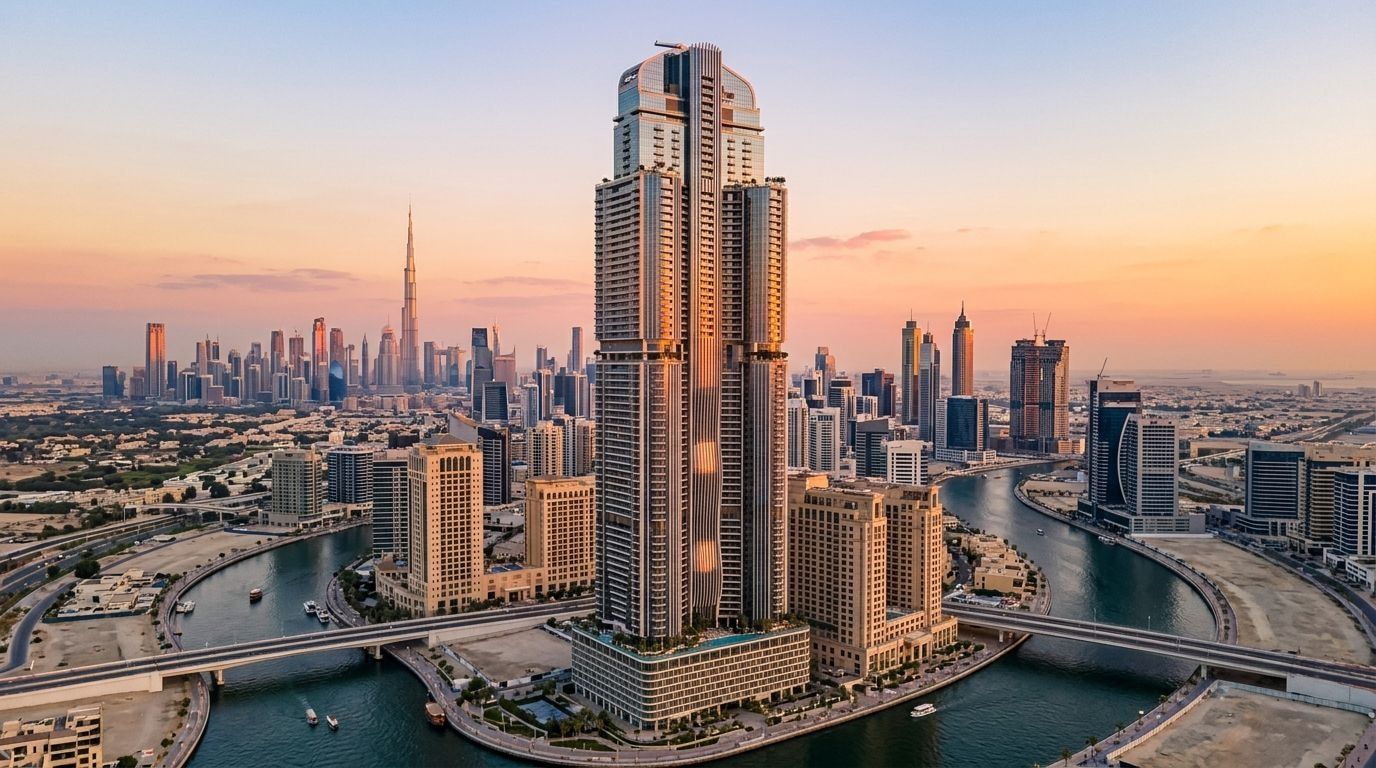 Ultrawysoka wieża Al Habtoor Tower nad Dubai Water Canal o zachodzie słońca