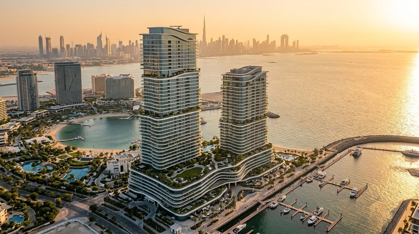 Nadmorska wieża Soulever na Dubai Maritime City nad Zatoką o zachodzie słońca