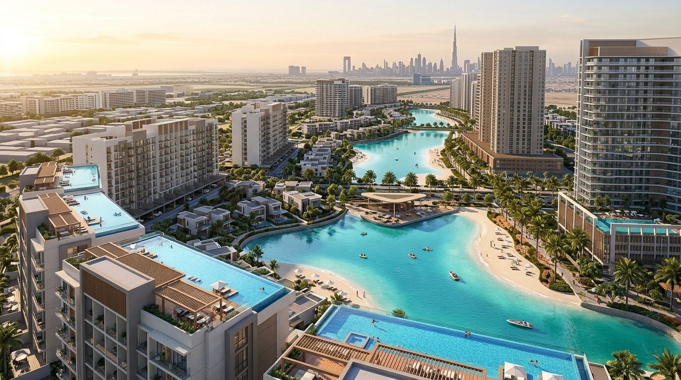 Apartamenty Meraki Lagoons nad turkusowymi lagunami w Meydan Horizon o zachodzie słońca