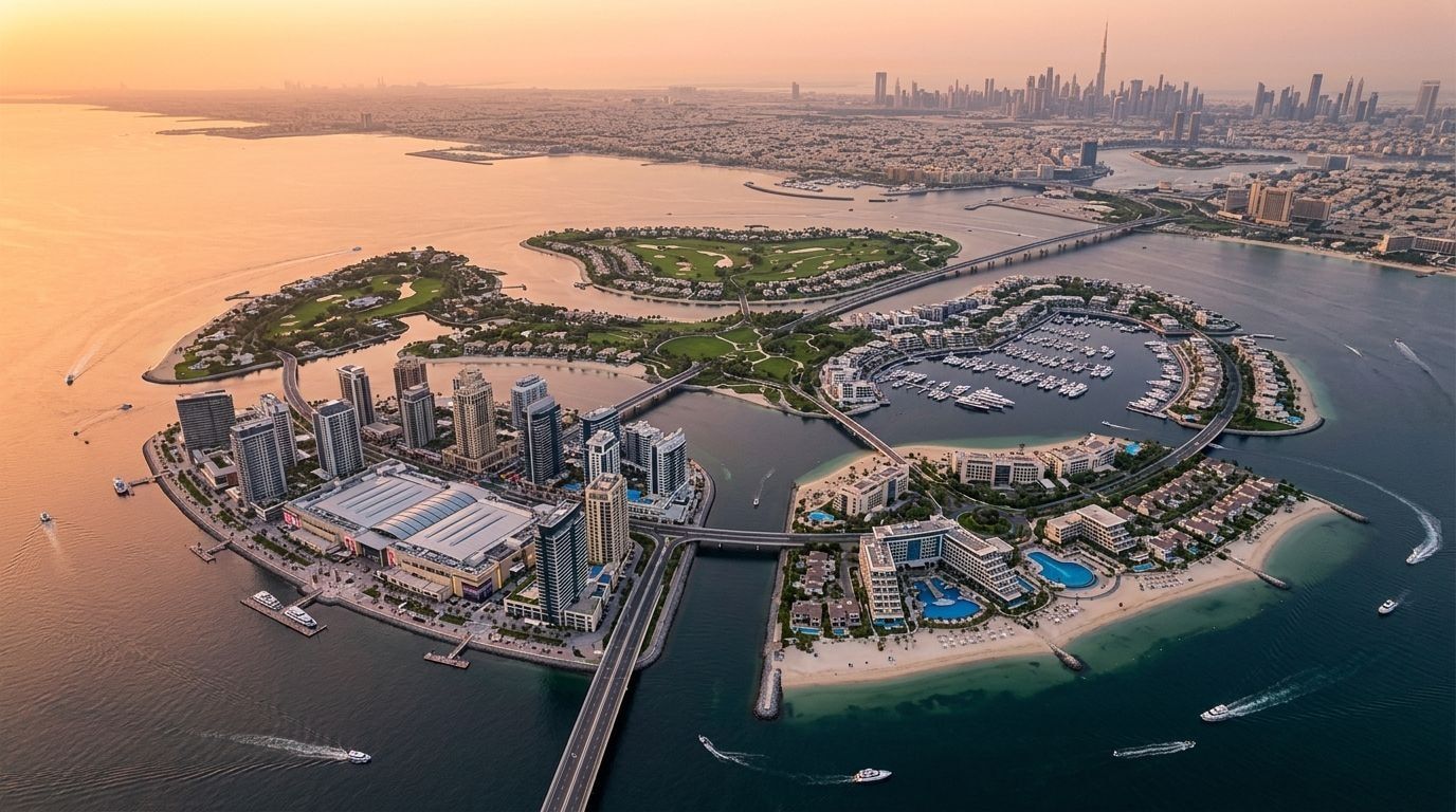 Lotniczy widok archipelagu Dubai Islands z plażami, marinami i rezydencjami o zachodzie słońca