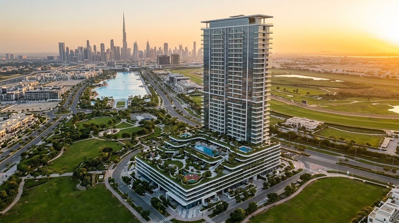 Wysoka wieża Parkway z zielonymi podiami w Meydan MBR City o zachodzie słońca