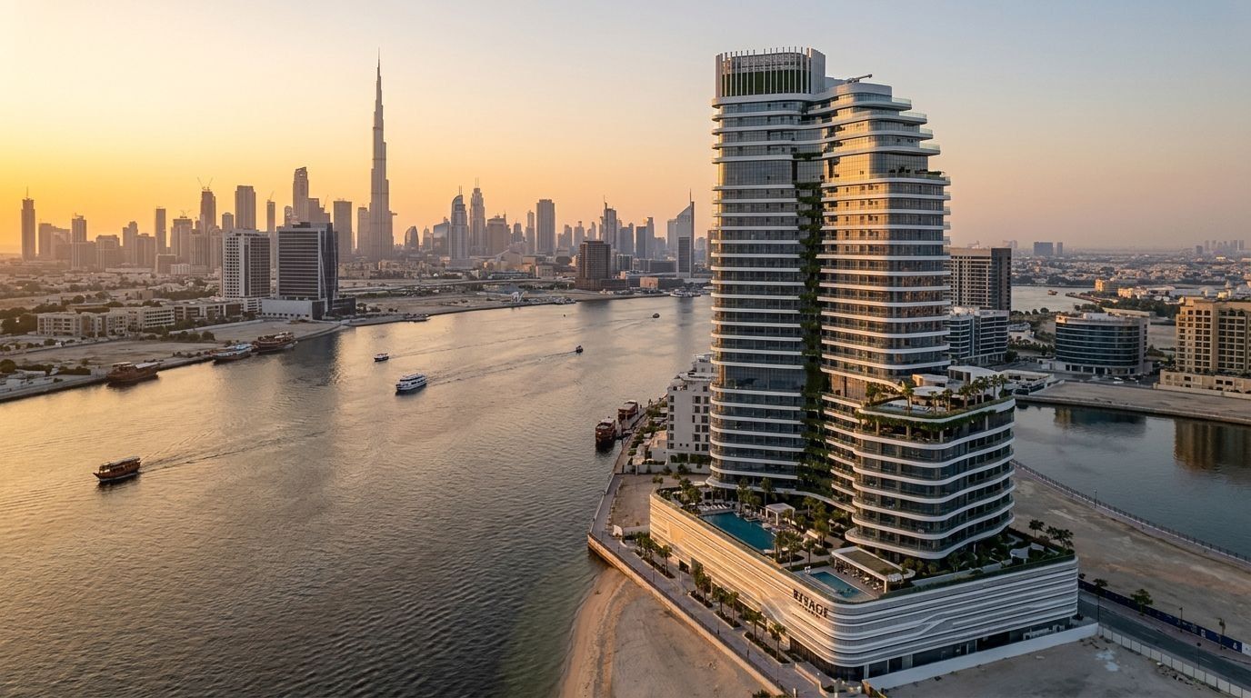 Lotniczy widok nadwodnej wieży Rivage przy Dubai Creek w Al Jaddaf o zachodzie słońca