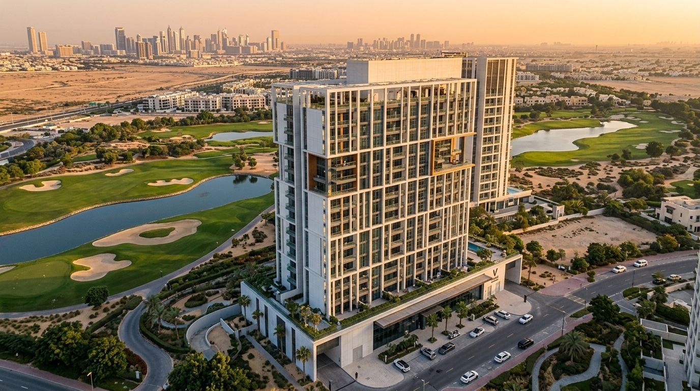 Smukła wieża Vista z widokiem na pole golfowe w Dubai Sports City o zachodzie słońca