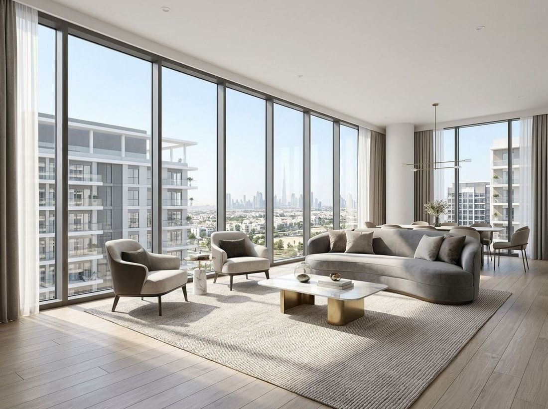 Jasny salon apartamentu z dużymi oknami