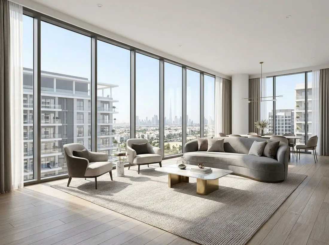 Jasny salon apartamentu z dużymi oknami