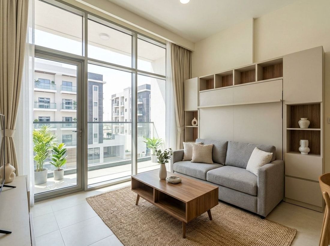 Przytulny salon kompaktowego apartamentu w naturalnym świetle