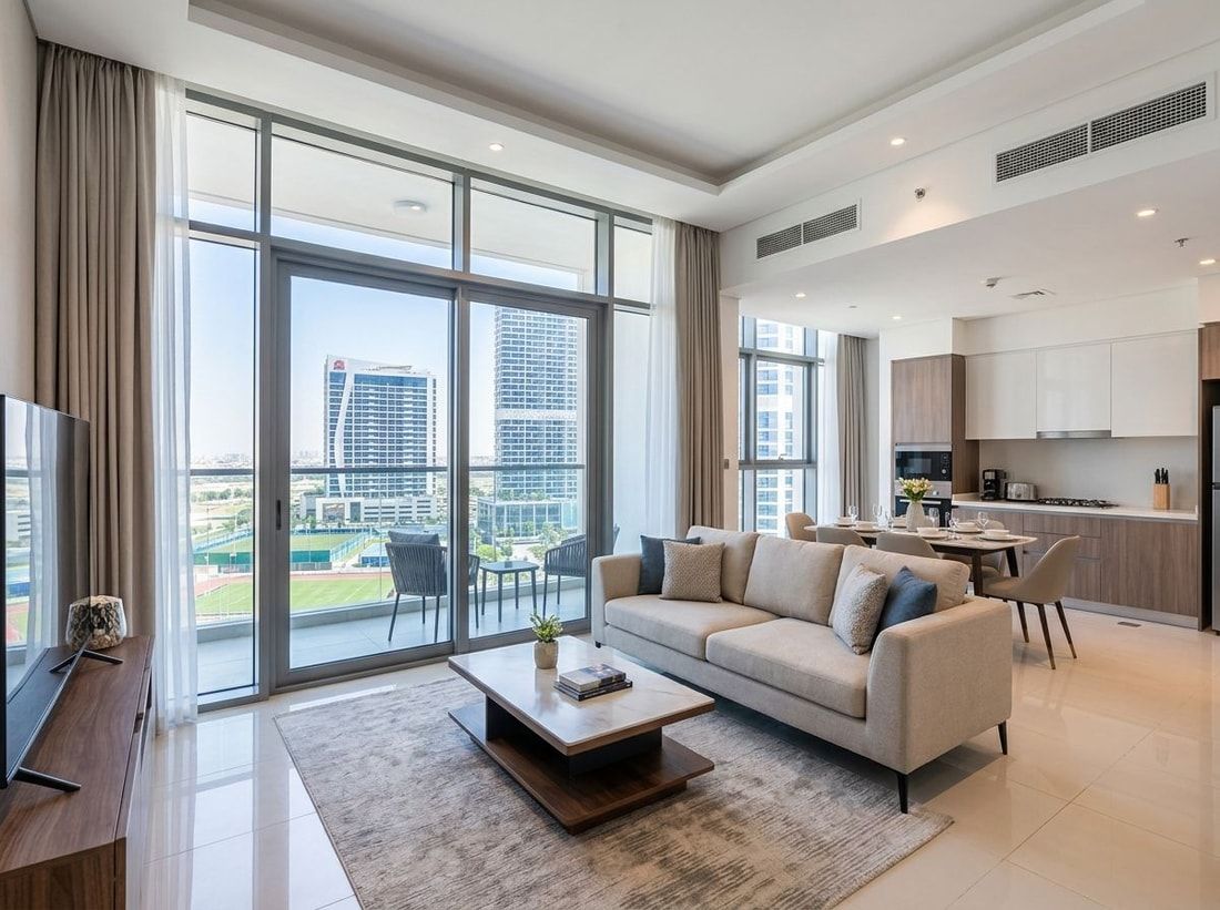 Jasny salon apartamentu z balkonem i otwartym widokiem