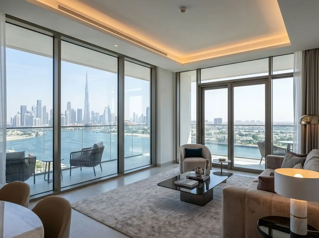Salon apartamentu Rivage z widokiem na Dubai Creek i panoramę