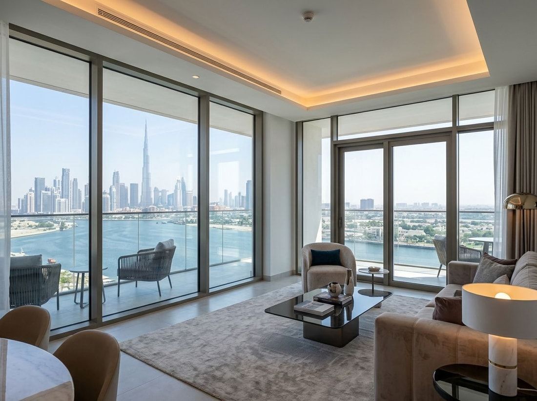 Salon apartamentu Rivage z widokiem na Dubai Creek i panoramę