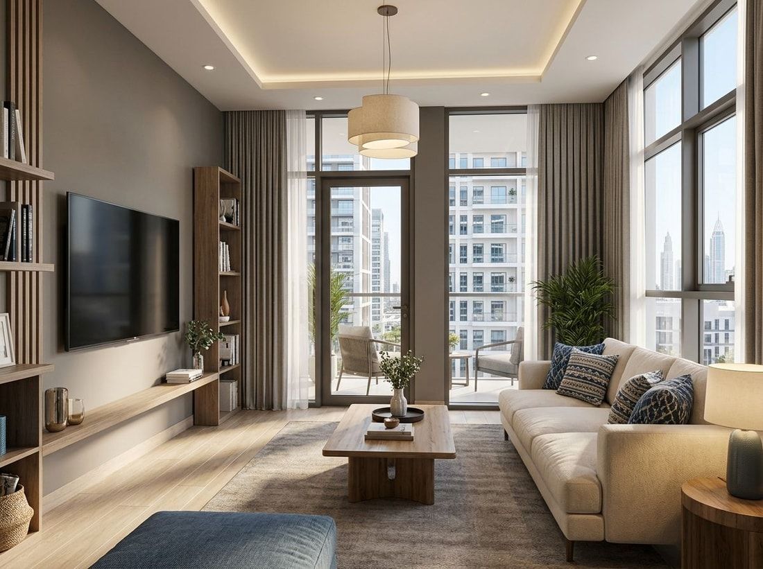 Przytulny umeblowany salon apartamentu w ciepłym świetle dziennym