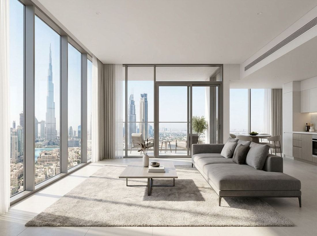 Jasne wnętrze apartamentu na wysokim piętrze z panoramą Dubaju