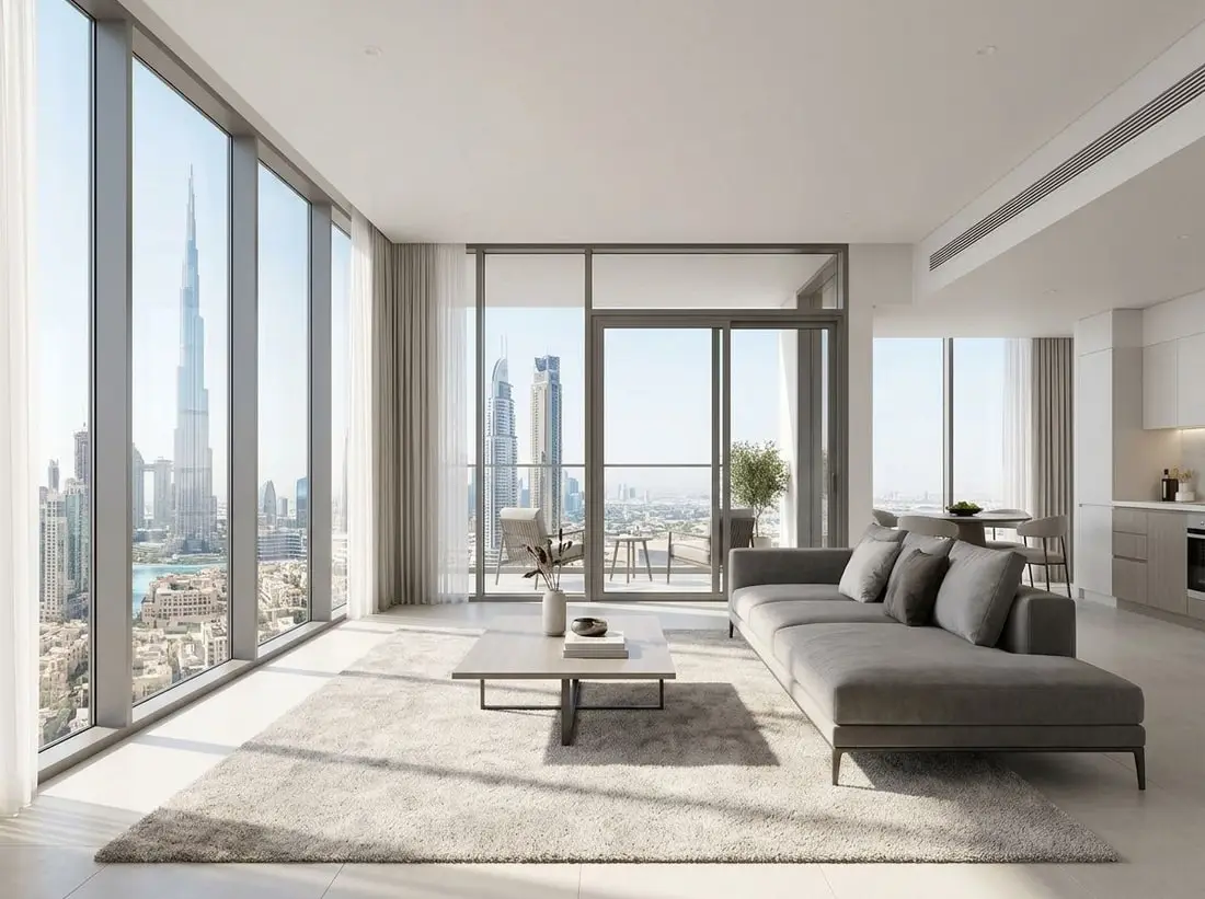 Jasne wnętrze apartamentu na wysokim piętrze z panoramą Dubaju