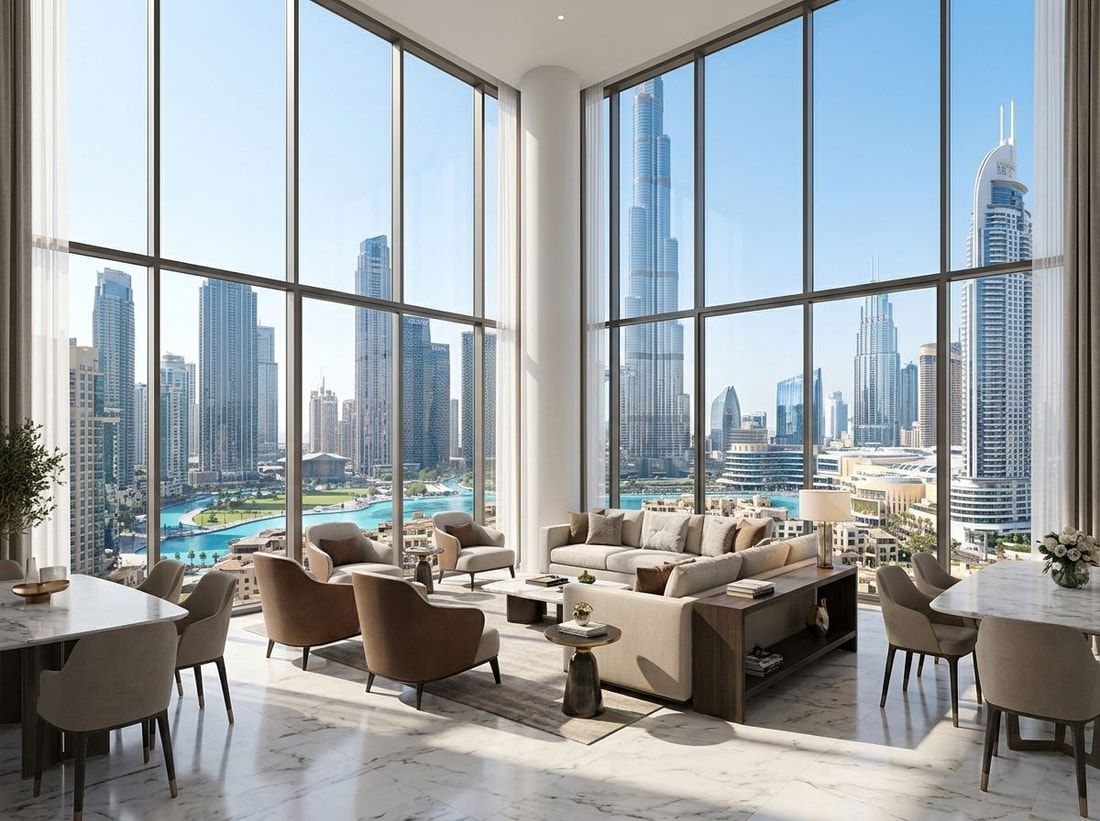 Salon apartamentu z widokiem na Burj Khalifa