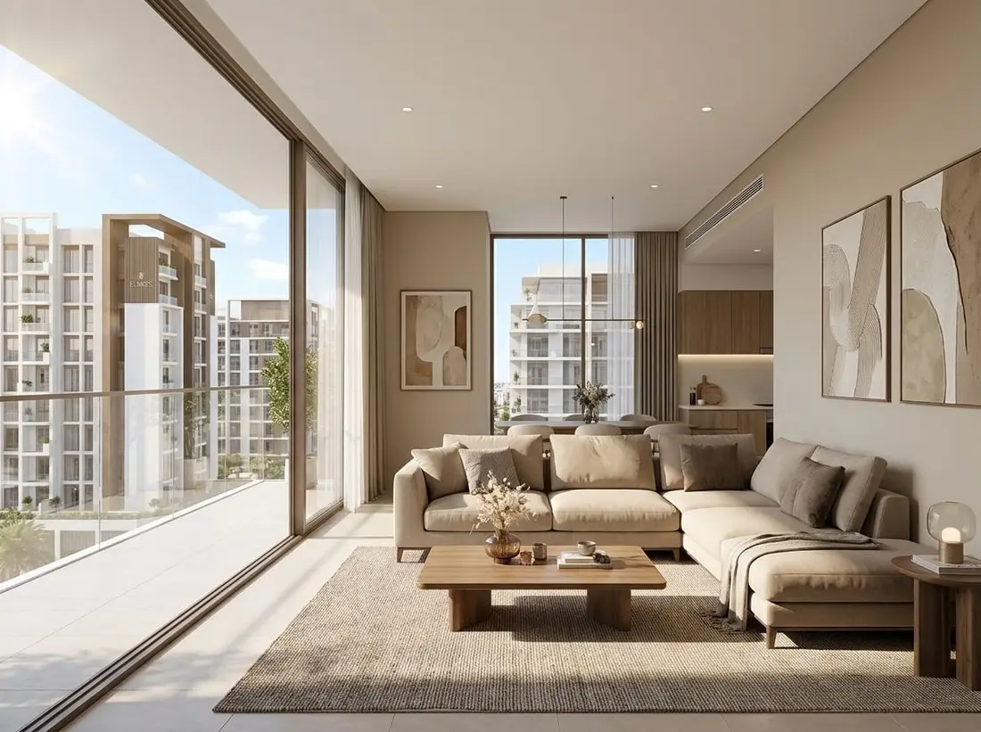 Jasny salon apartamentu w ciepłych, neutralnych barwach