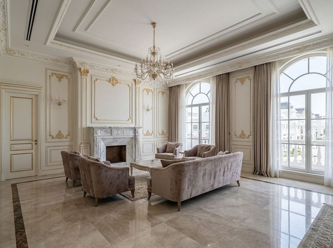 Elegancki salon apartamentu z klasycznymi detalami i marmurem