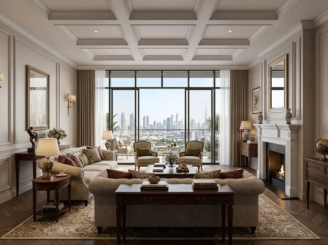 Elegancki salon apartamentu w brytyjskim stylu