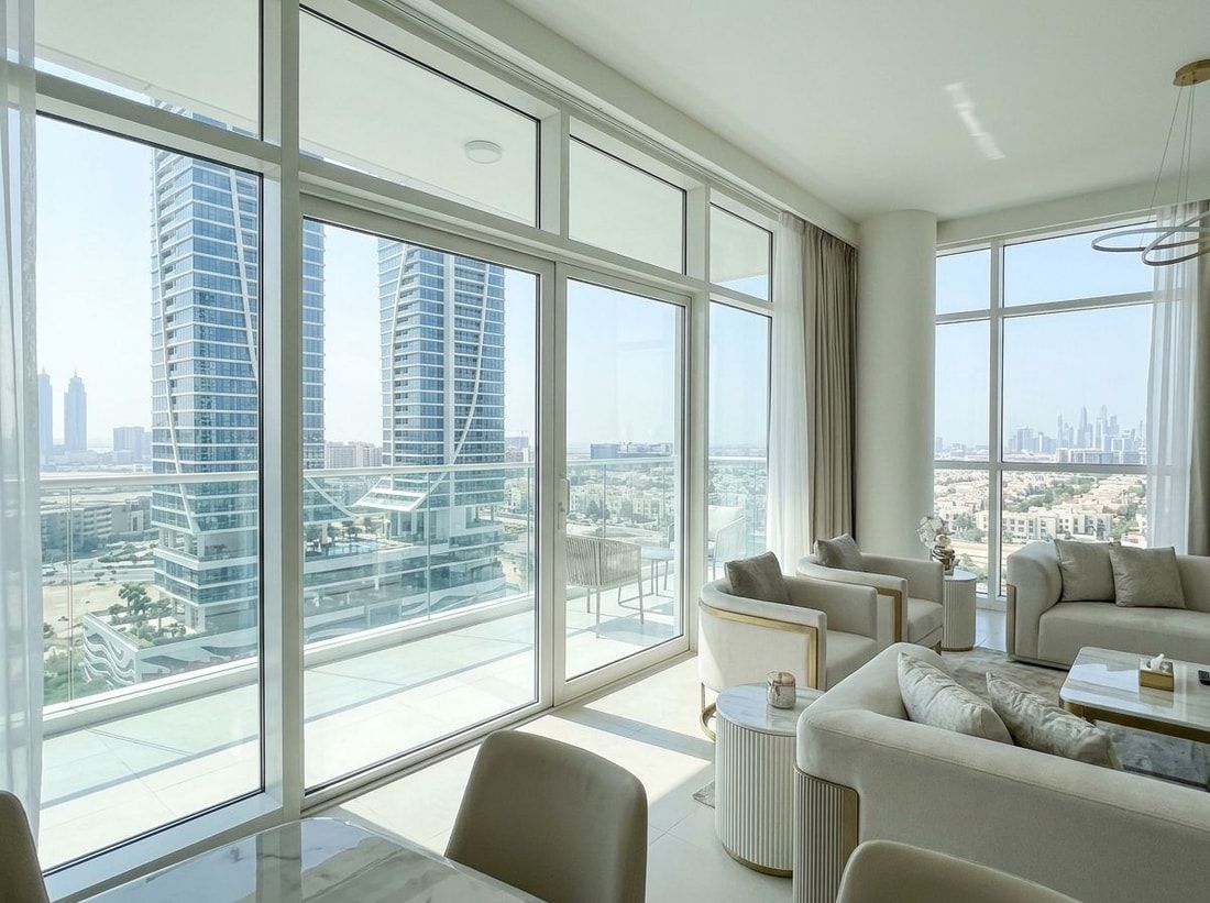 Jasny salon apartamentu z balkonem