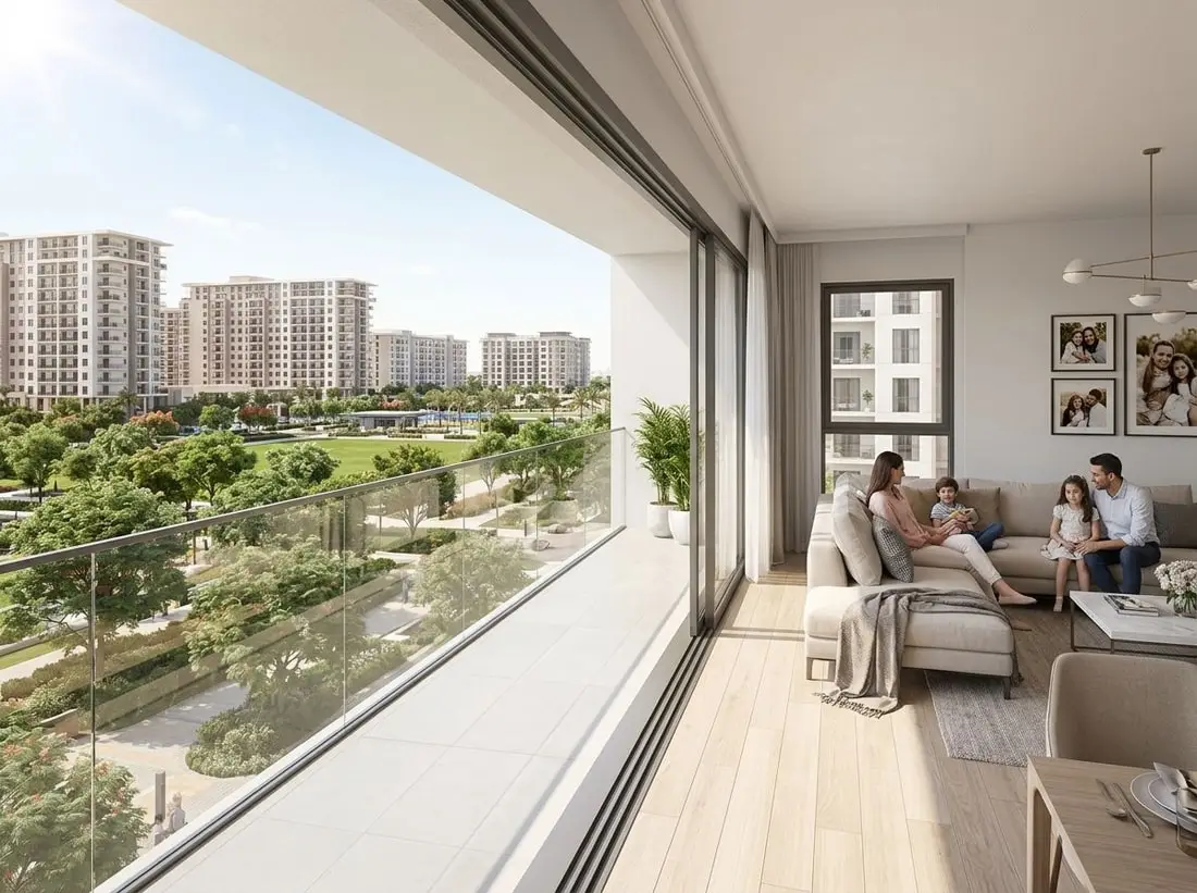 Jasny salon rodzinnego apartamentu z balkonem nad zielenią