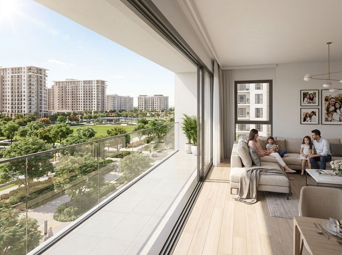 Jasny salon rodzinnego apartamentu z balkonem nad zielenią