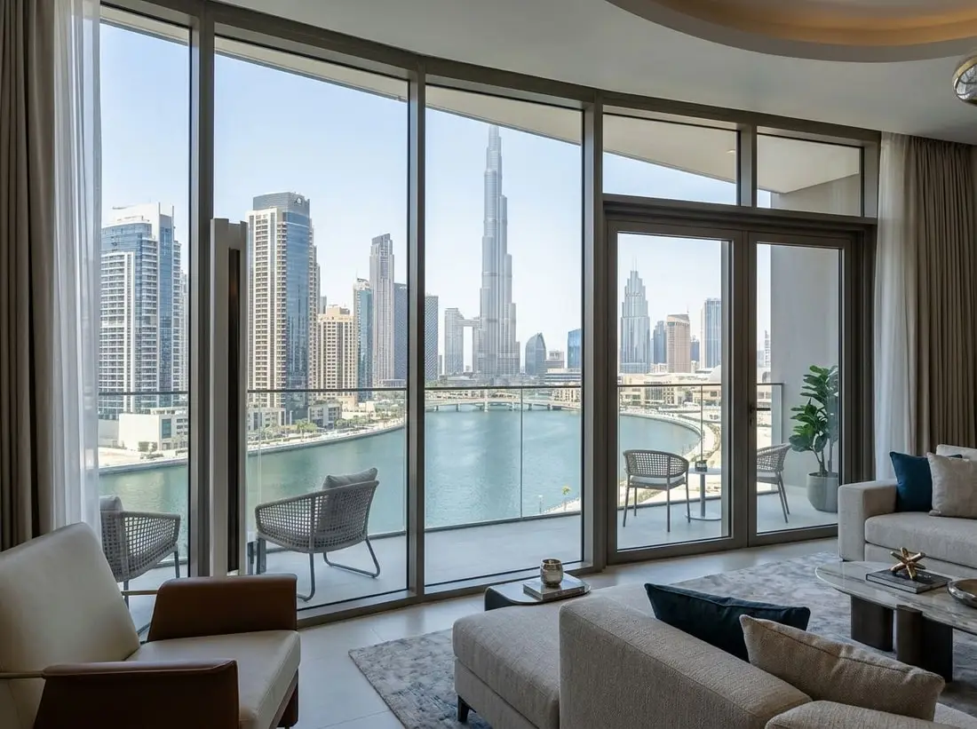 Salon apartamentu Peninsula z widokiem na kanał i Burj Khalifa
