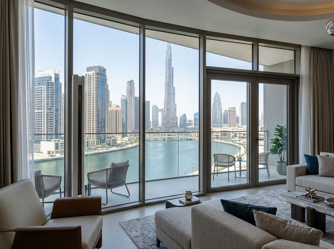 Salon apartamentu Peninsula z widokiem na kanał i Burj Khalifa