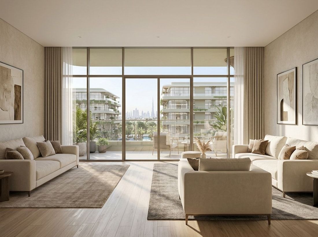Jasny salon apartamentu z balkonem w Gardens 2