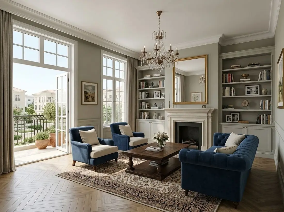 Klasyczny, elegancki salon apartamentu w brytyjskim stylu