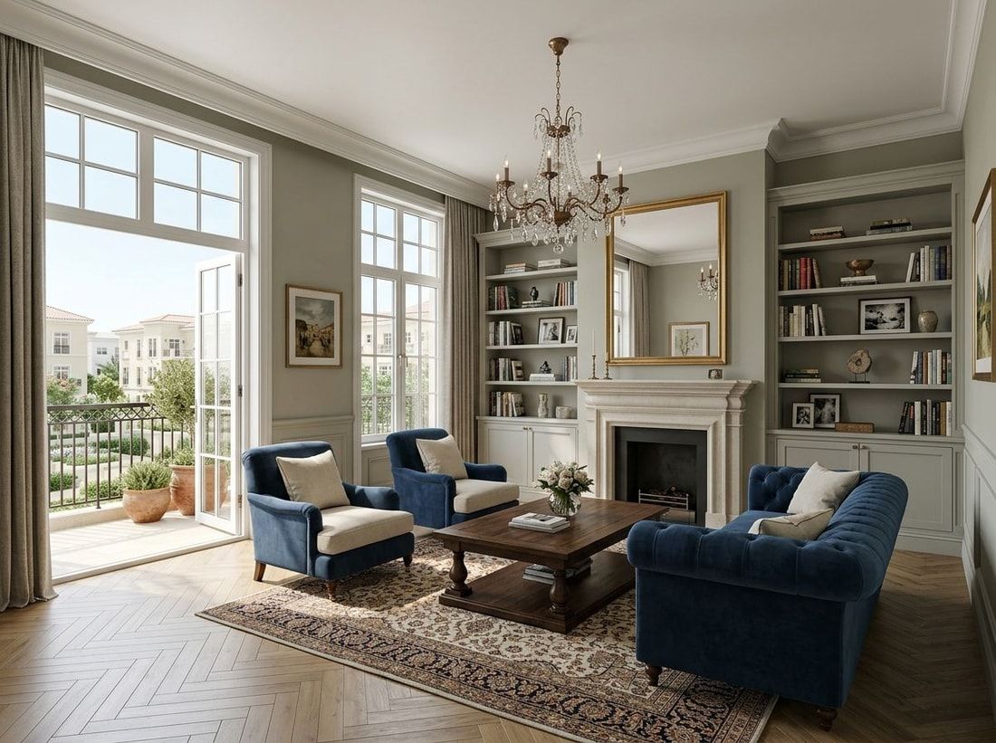 Klasyczny, elegancki salon apartamentu w brytyjskim stylu