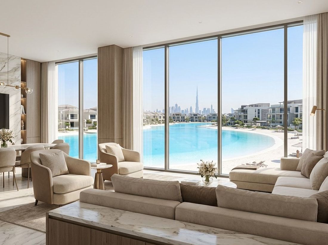 Jasny salon apartamentu z widokiem na lagunę i plażę