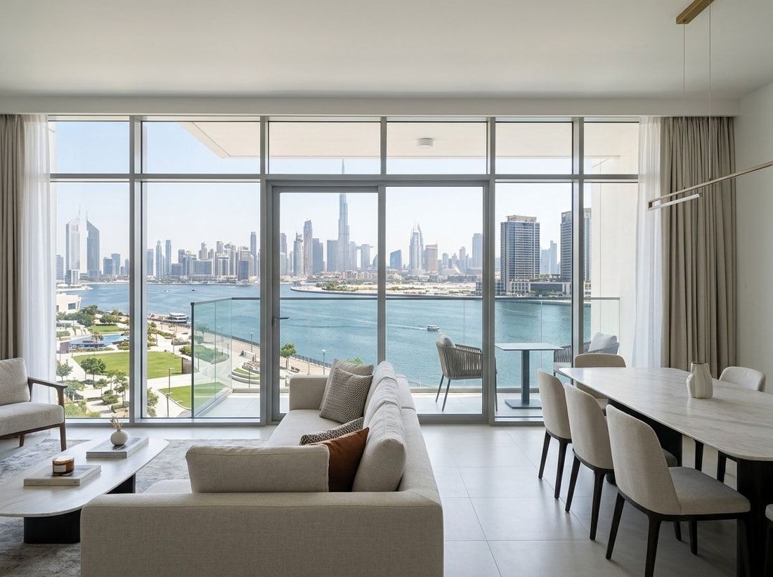 Jasny salon apartamentu z widokiem na Dubai Creek