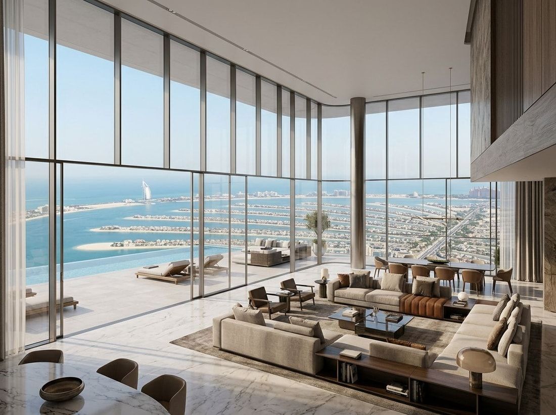 Pełnopiętrowy salon AVA z panoramą morza i Palm Jumeirah