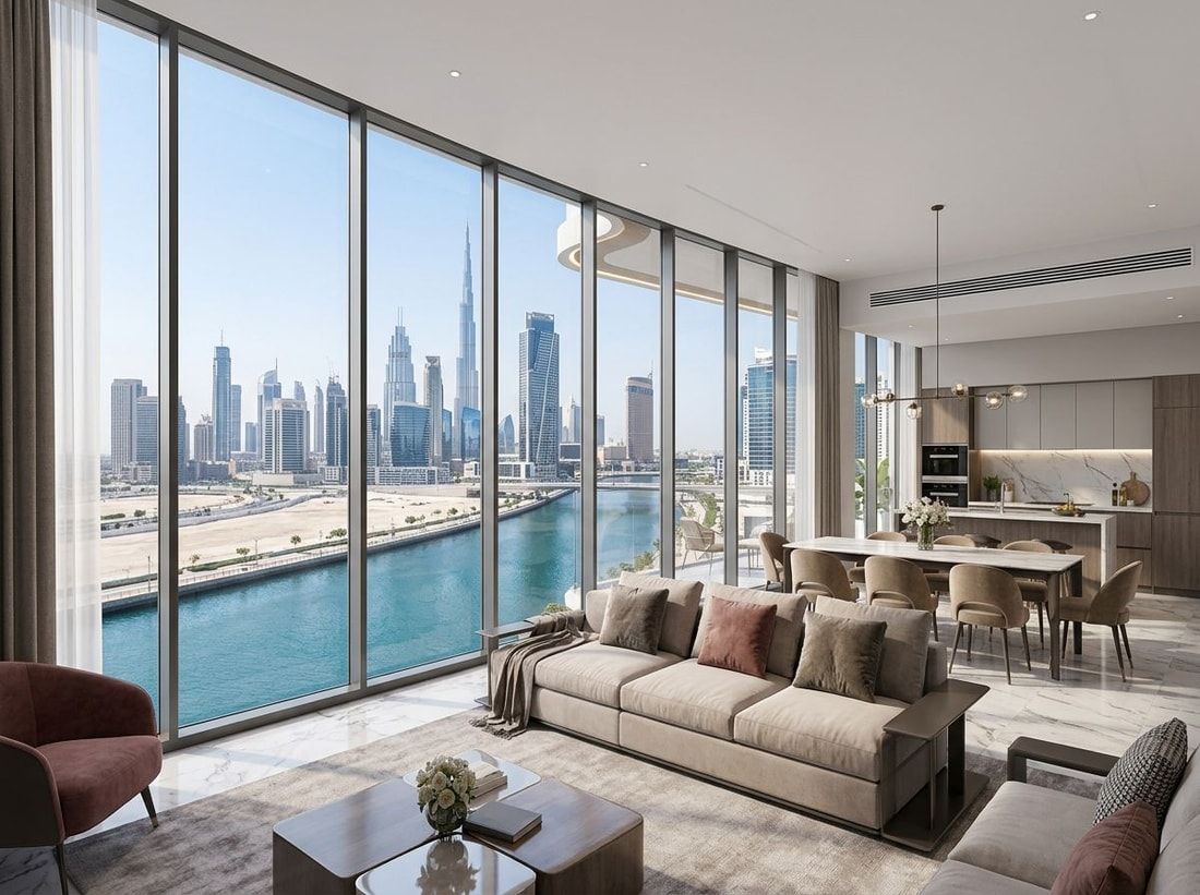 Nowoczesne wnętrze apartamentu z widokiem na Kanał Dubajski