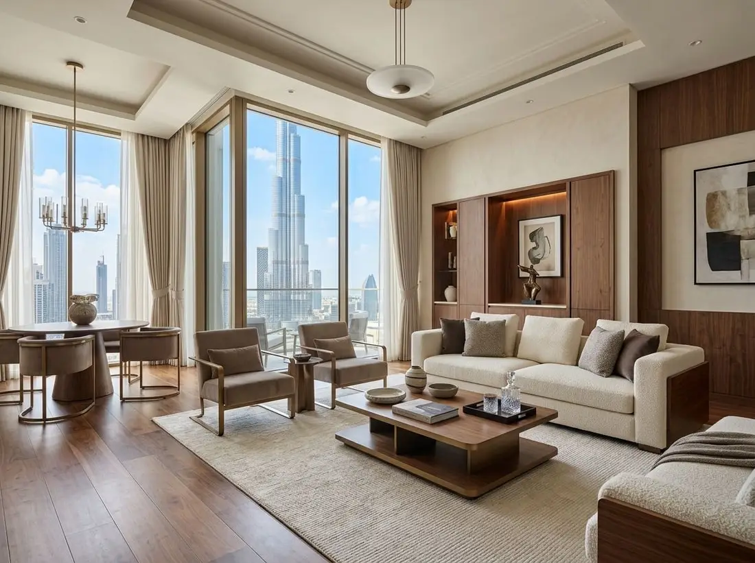 Salon apartamentu w stylu włoskim z widokiem na Burj Khalifa