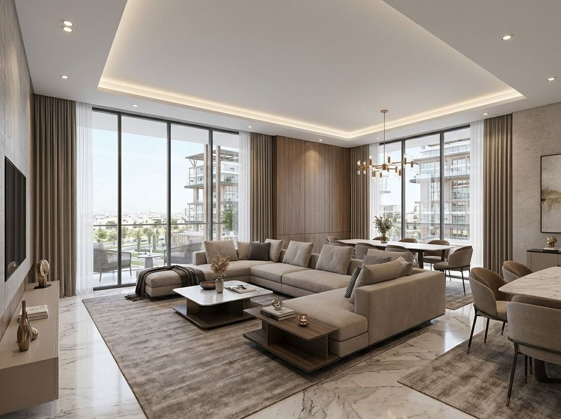 Przestronny salon apartamentu w eleganckich neutralnych tonacjach