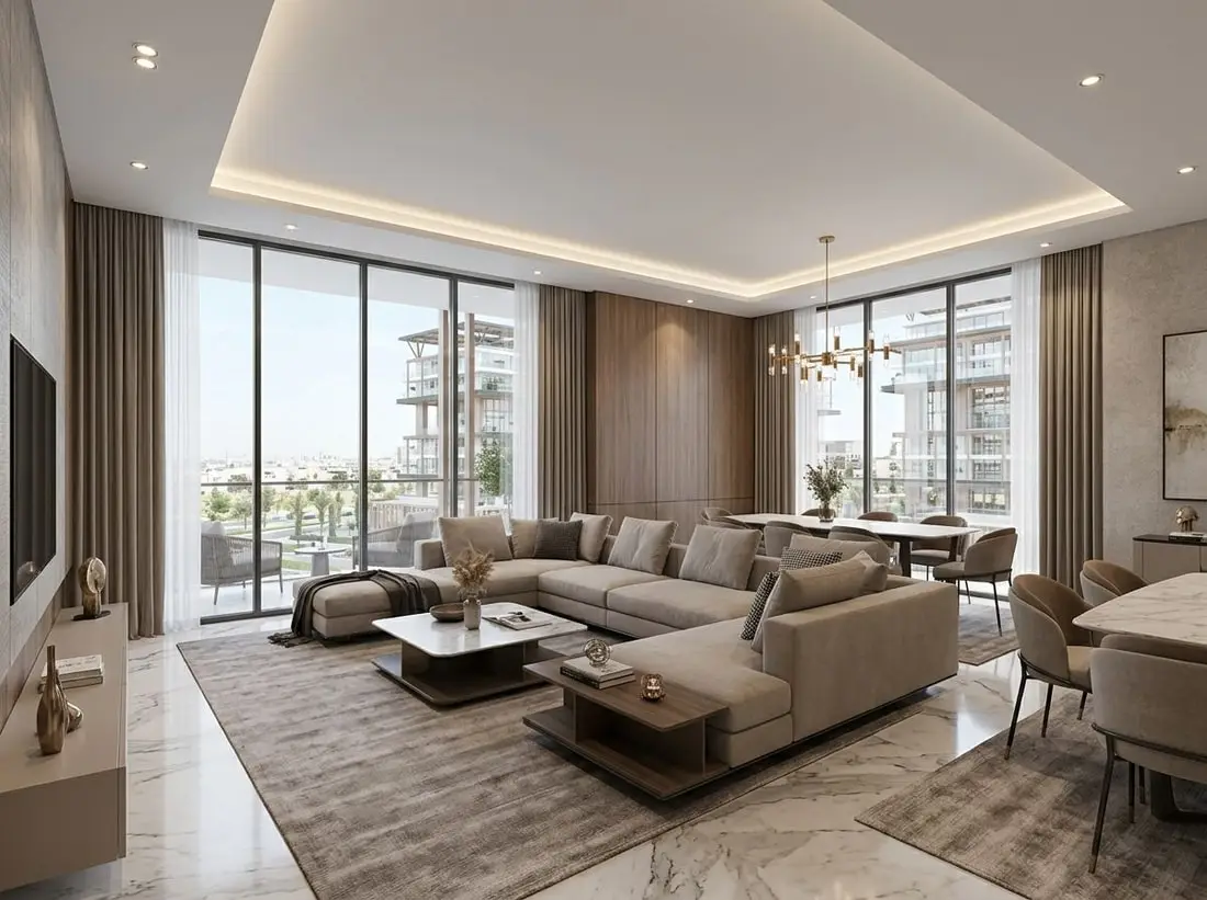 Przestronny salon apartamentu w eleganckich neutralnych tonacjach