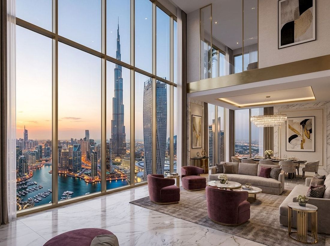 Luksusowe wnętrze apartamentu z panoramą Dubaju