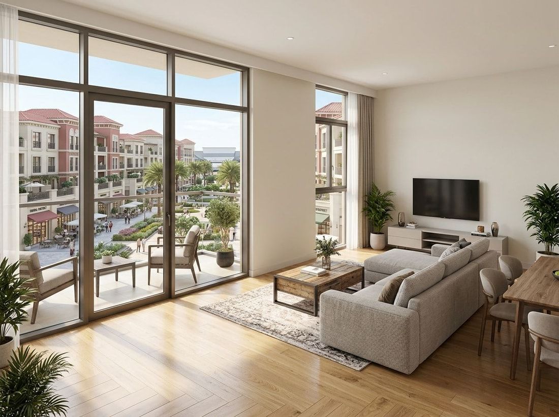Jasny, nowoczesny salon apartamentu w Uptown Mirdiff