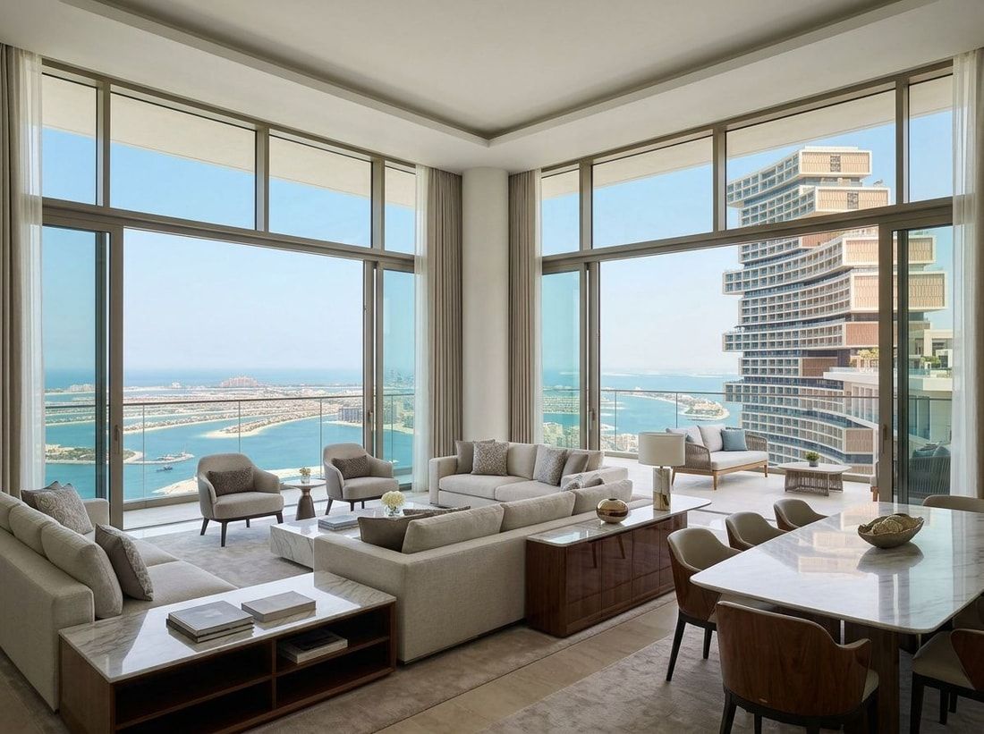 Luksusowy salon rezydencji z panoramą morza i Palm Jumeirah