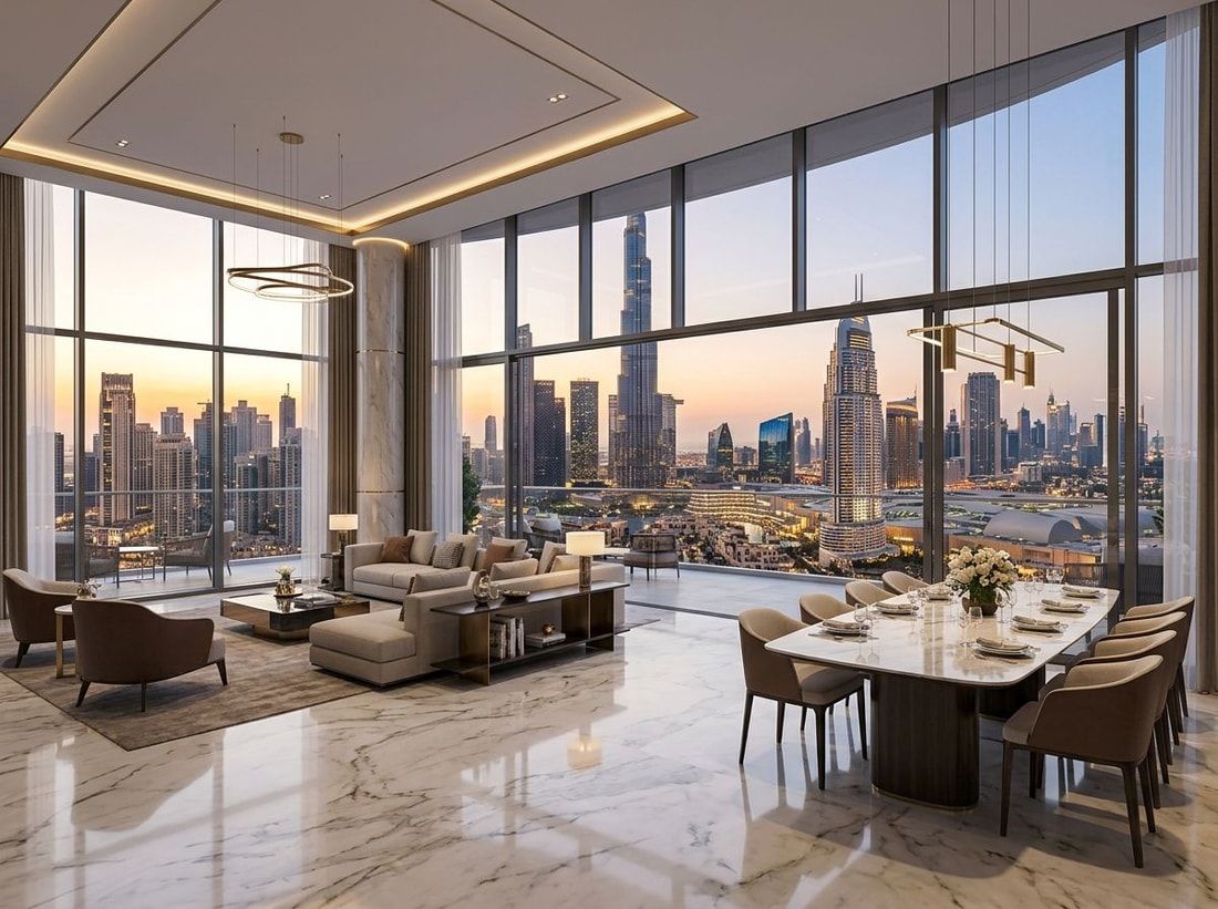 Luksusowe wnętrze apartamentu z panoramą Downtown w Tiger Sky Tower