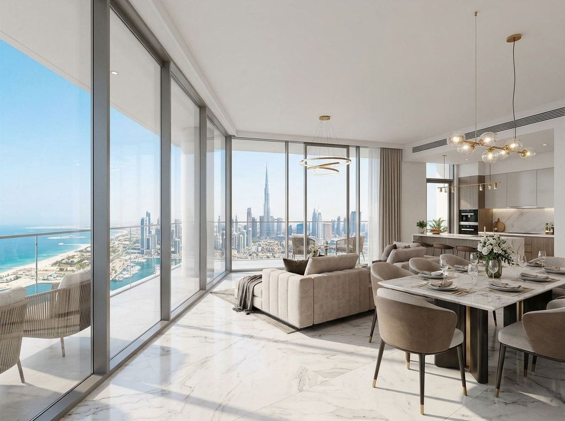 Jasne wnętrze apartamentu z panoramą Dubaju