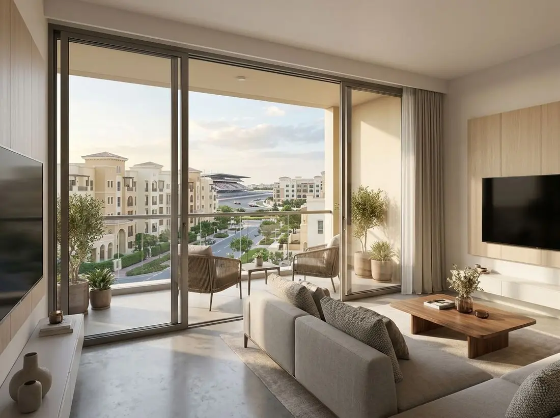 Jasny salon apartamentu z balkonem w Uptown Motorcity