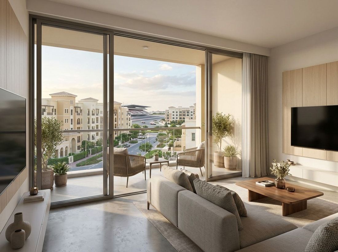 Jasny salon apartamentu z balkonem w Uptown Motorcity