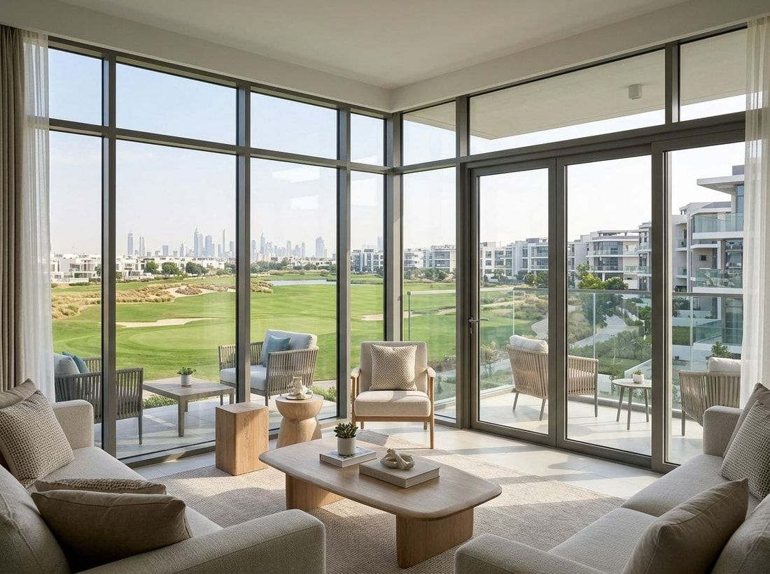 Salon apartamentu z widokiem na pole golfowe