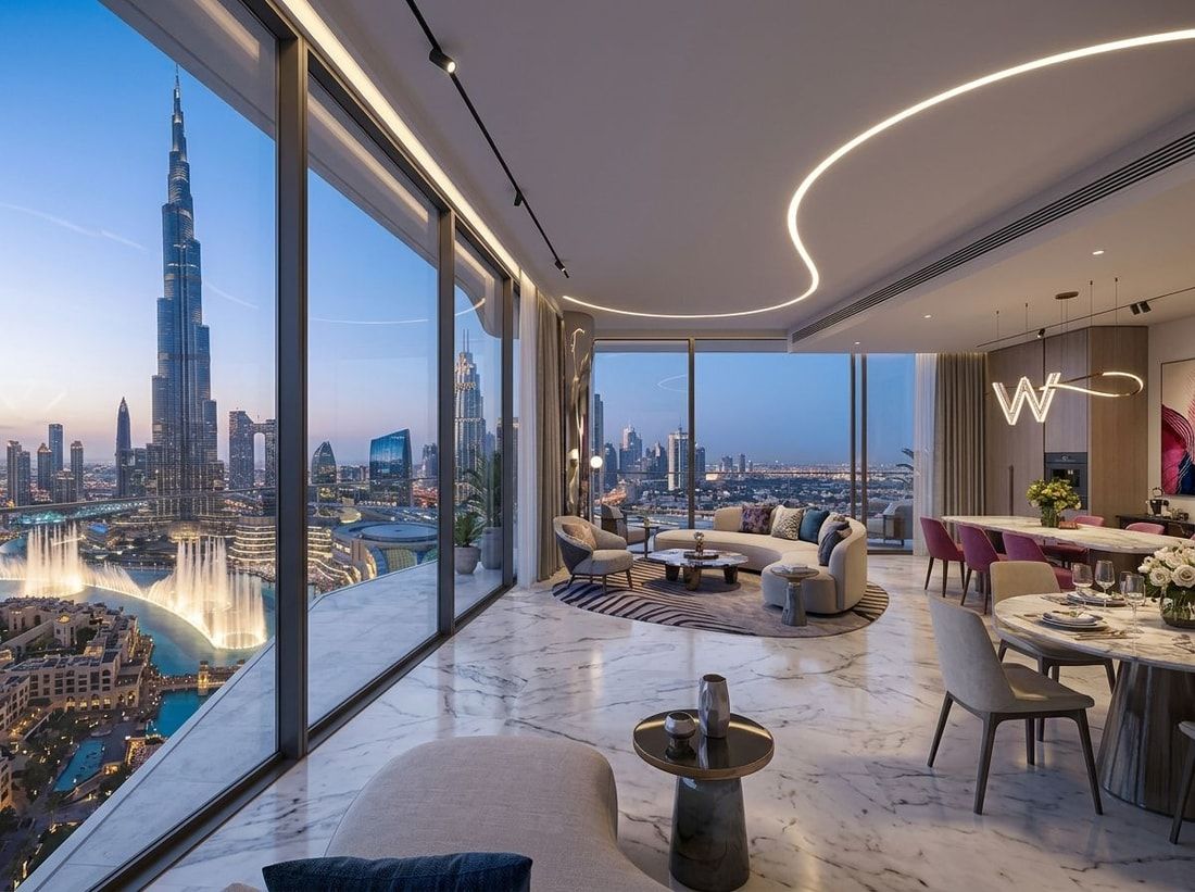 Luksusowe wnętrze apartamentu z widokiem na Burj Khalifa