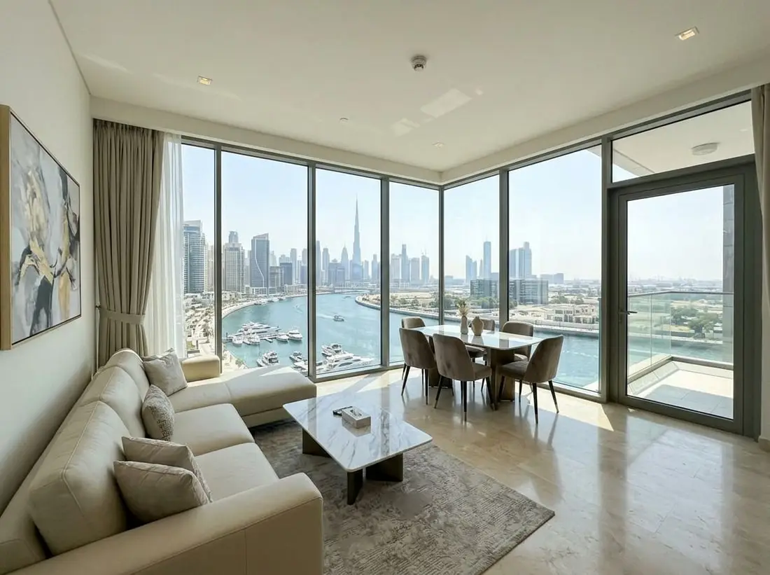 Jasne wnętrze apartamentu z widokiem na Dubai Canal i panoramę miasta