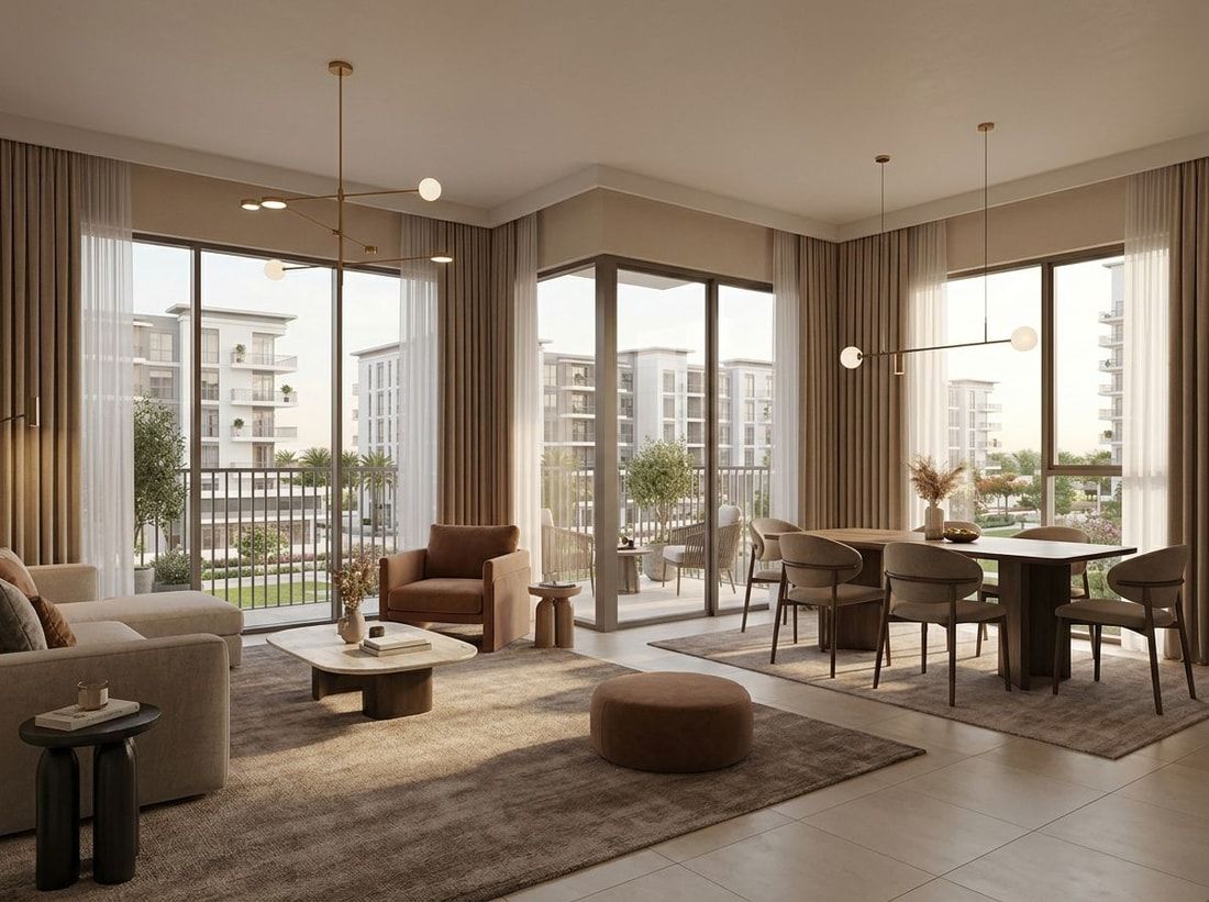 Eleganckie wnętrze apartamentu w ciepłych tonach z dużymi oknami