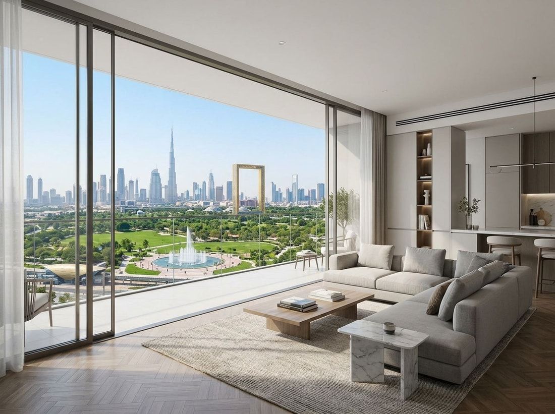 Jasny salon apartamentu z widokiem na park i skyline