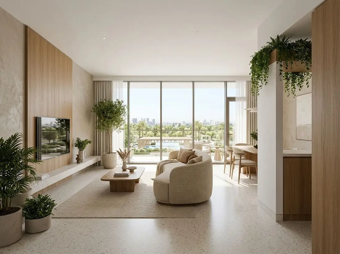 Jasne wnętrze apartamentu Terrazzo z naturalnymi materiałami i zielenią
