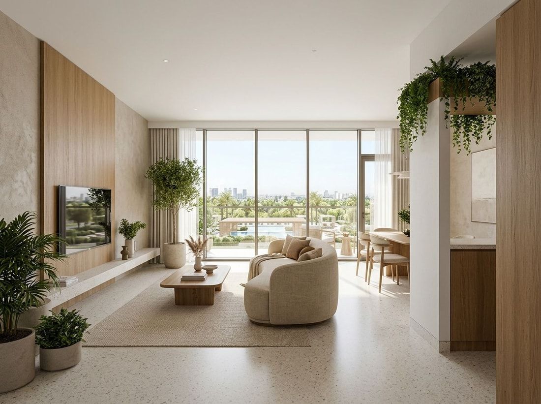 Jasne wnętrze apartamentu Terrazzo z naturalnymi materiałami i zielenią
